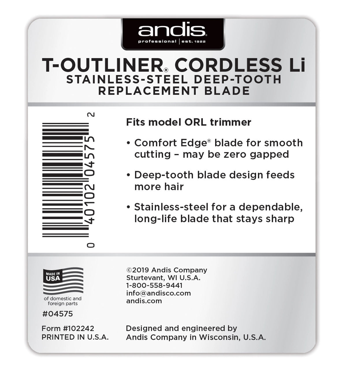 Andis Professional T-Outliner Cordless Li Stainless Steel Deep Tooth Replacement Blade