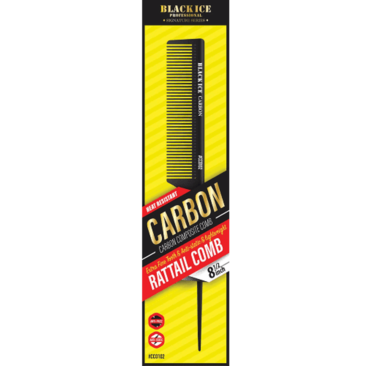 Black Ice Professional Carbon Rattail Comb - 8.5in
