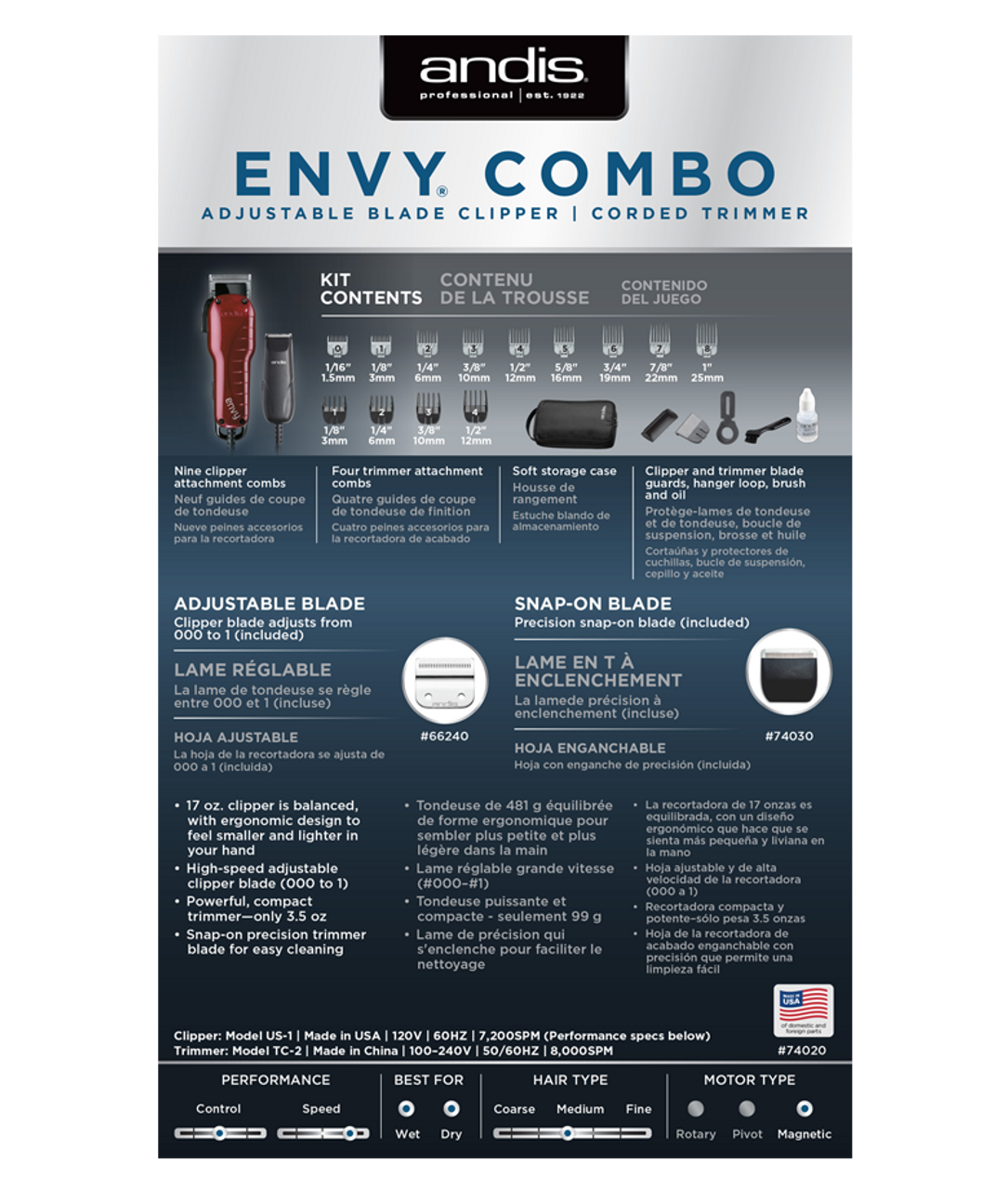 Andis Professional Envy Combo - Adjustable Blade Clipper + CTX Trimmer Haircut Kit