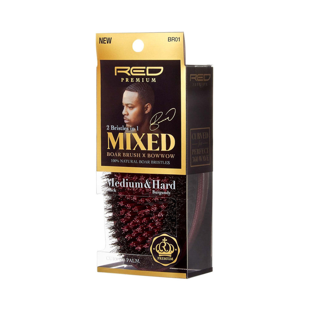 Red Premium Curved Palm Mixed Medium & Hard Boar Brush - Black and Burgundy - BR01